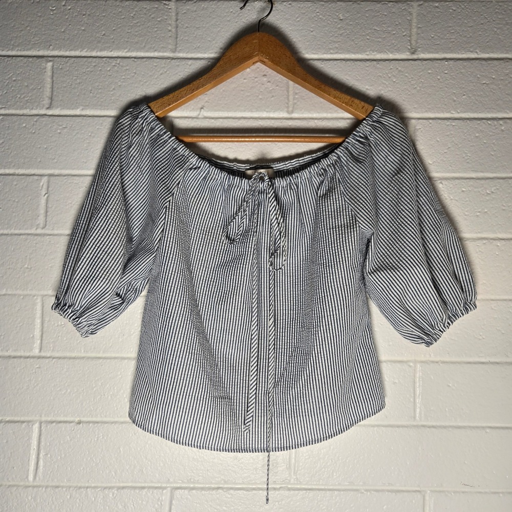 WAYF Seersucker Striped Off The Shoulder Top XS‎ Blue White Puff Sleeve Boho